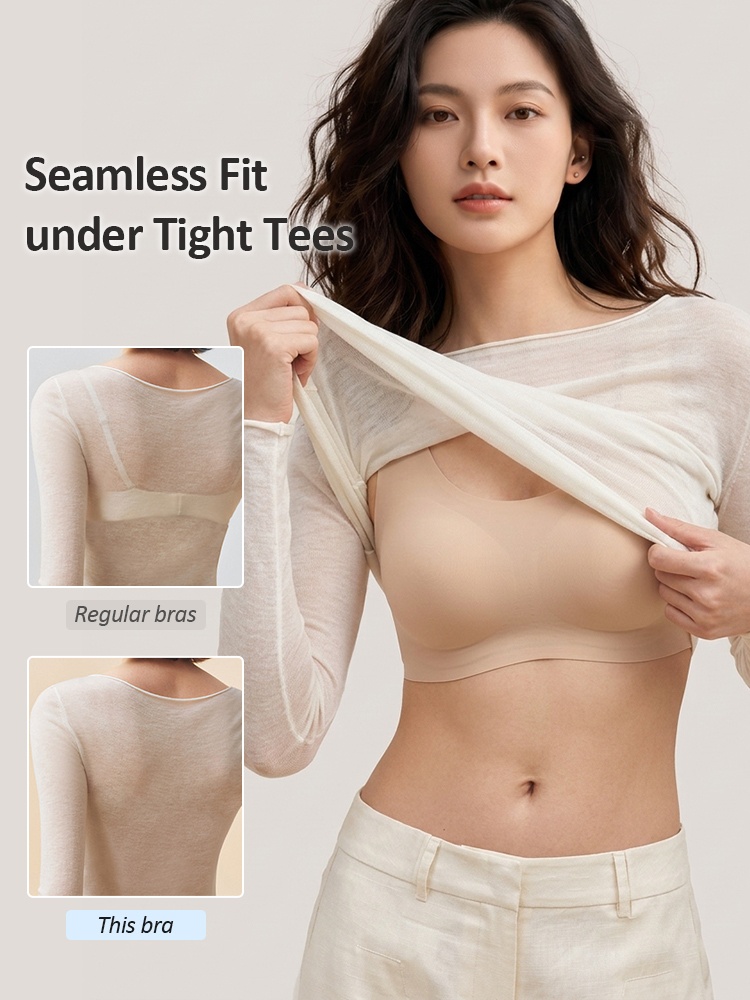 Model wearing beige seamless bra under a light top with no-show comparison VEIMIA