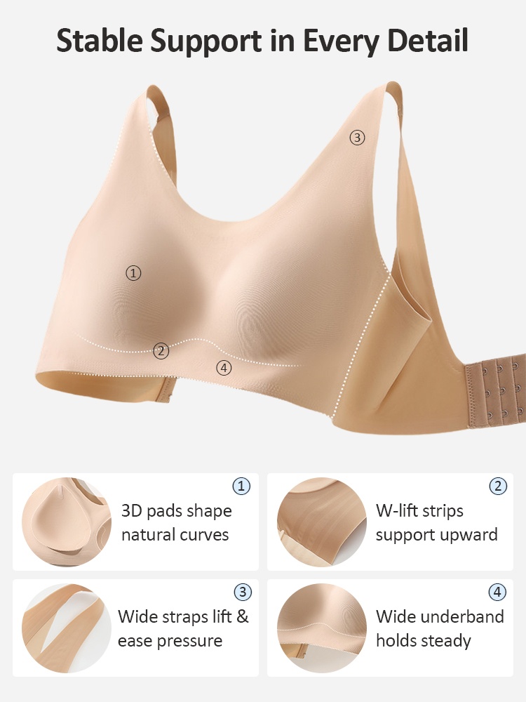Feature graphic showing 3D pads lift strips wide straps and wide underband VEIMIA