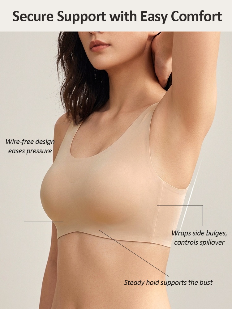 Side view of model wearing beige wireless bra with side coverage support VEIMIA