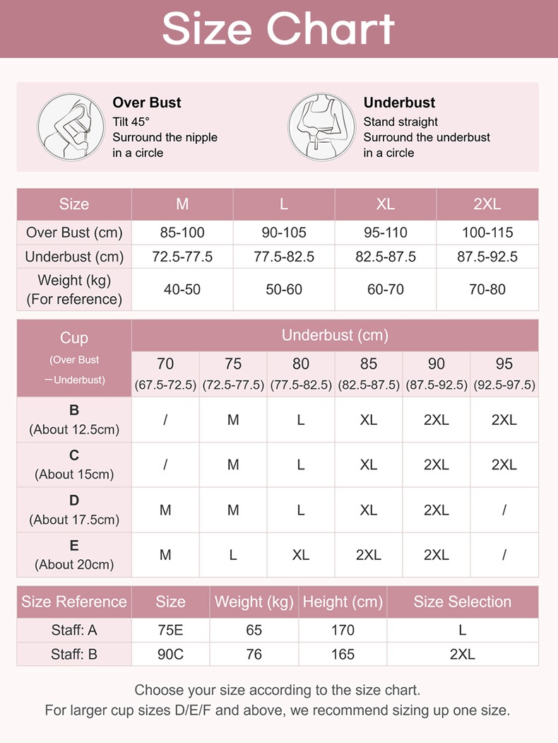 Seamless bra size chart with overbust underbust weight and cup reference VEIMIA