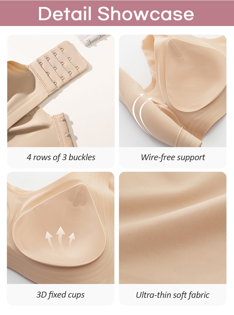 Detail showcase of bra hook closure wireless cup fixed padding and soft fabric VEIMIA