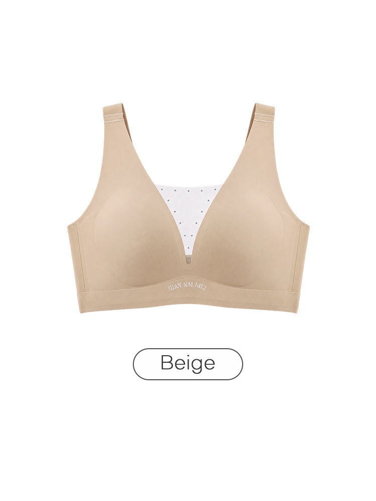 Beige bra front view with wide straps and sheer mesh neckline VEIMIA
