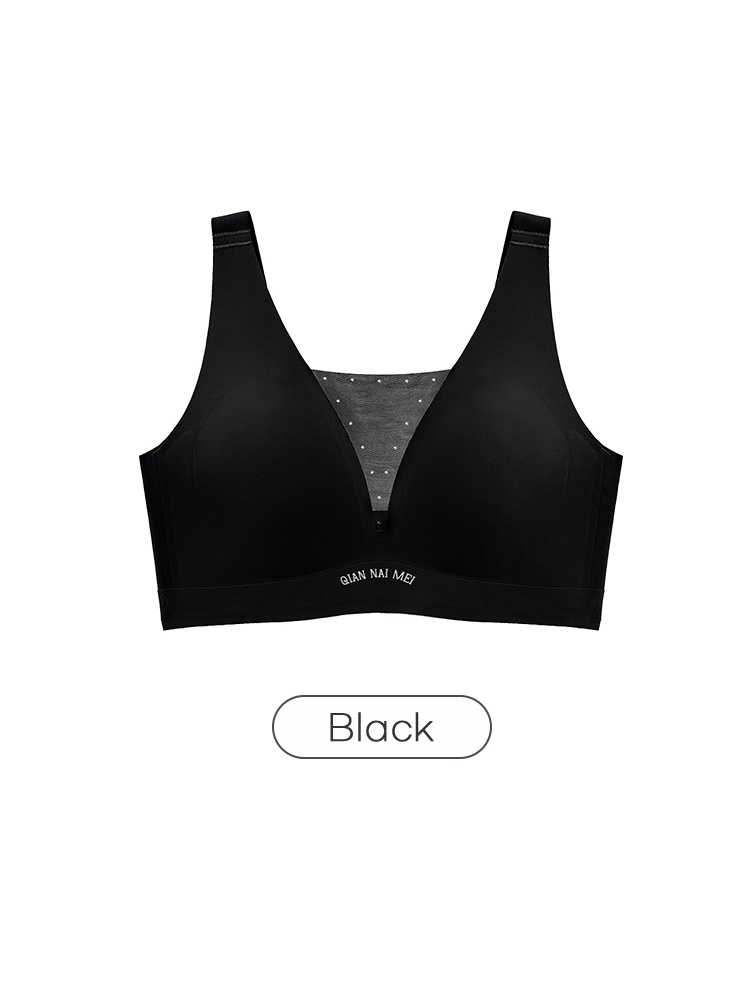 Black bra front view with wide straps and sheer mesh neckline VEIMIA