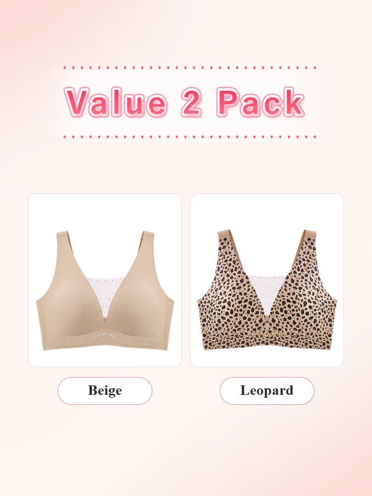 Value 2 pack bras in beige and leopard front views VEIMIA