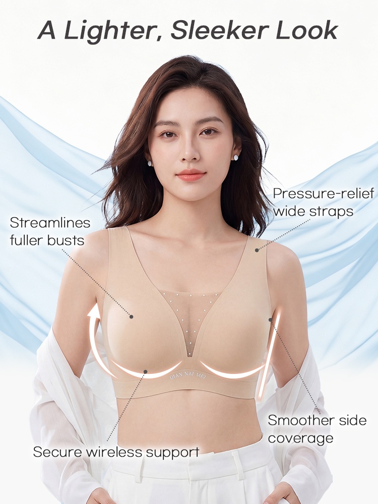 Feature graphic showing beige wireless bra with wide straps side coverage and support VEIMIA