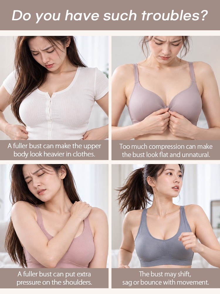 Four-panel comparison showing common bra fit and support concerns during daily wear VEIMIA
