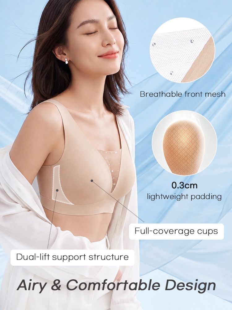 Feature graphic showing beige bra with breathable mesh lightweight padding and full coverage VEIMIA