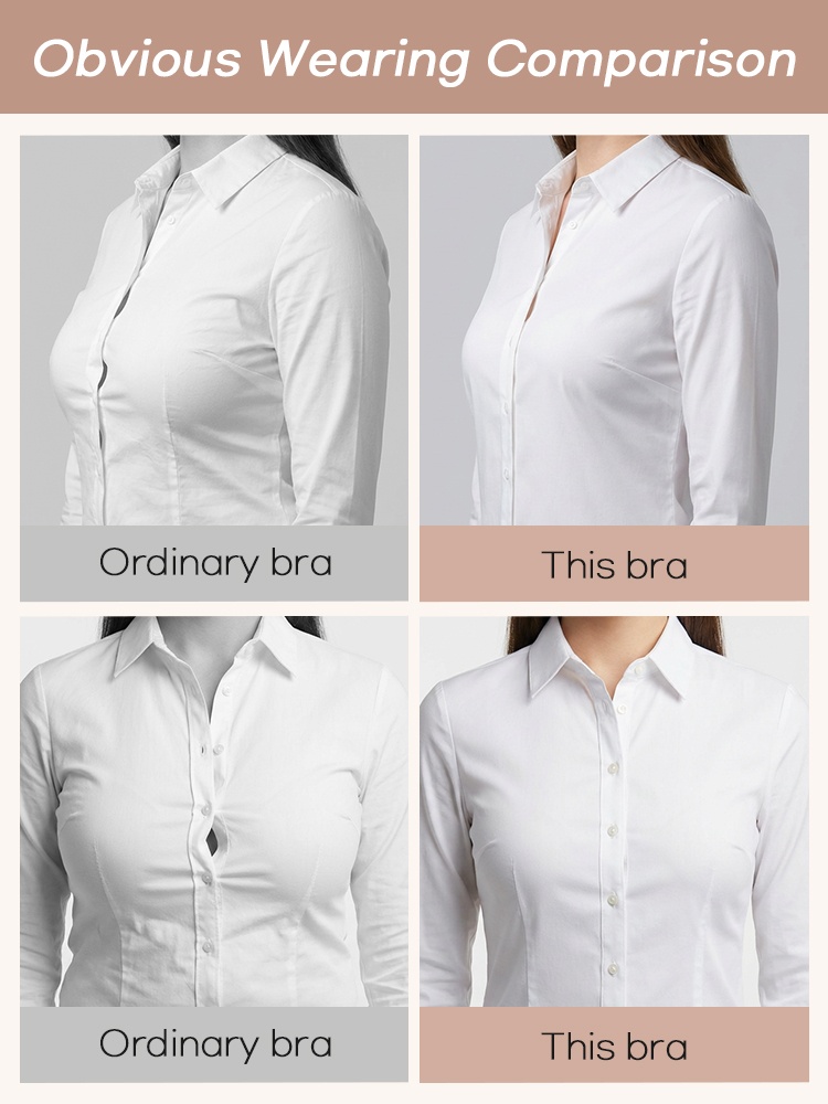 Comparison graphic showing bra fit under white shirts from side and front views VEIMIA