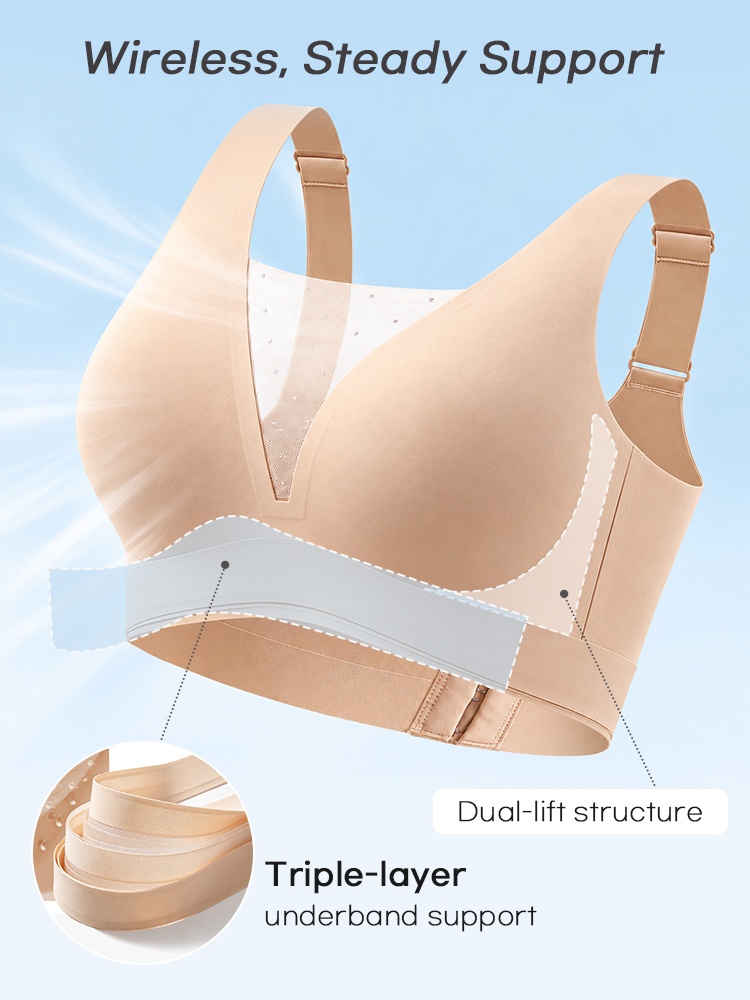 Feature graphic showing beige wireless bra dual-lift structure and triple-layer underband support VEIMIA