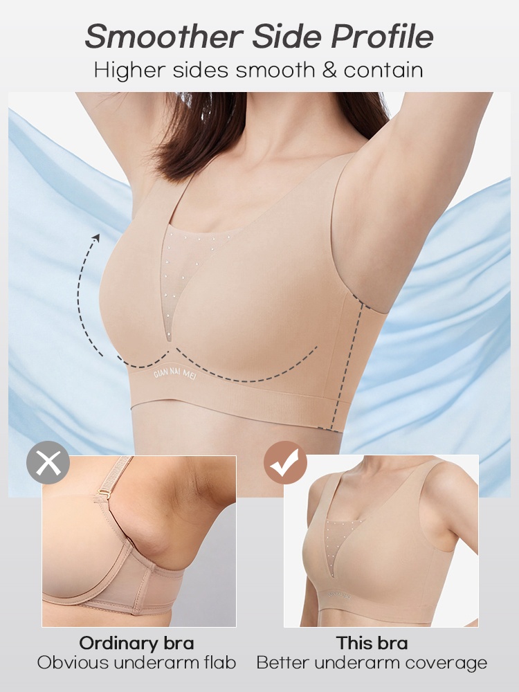 Side profile comparison showing beige bra with higher side coverage VEIMIA