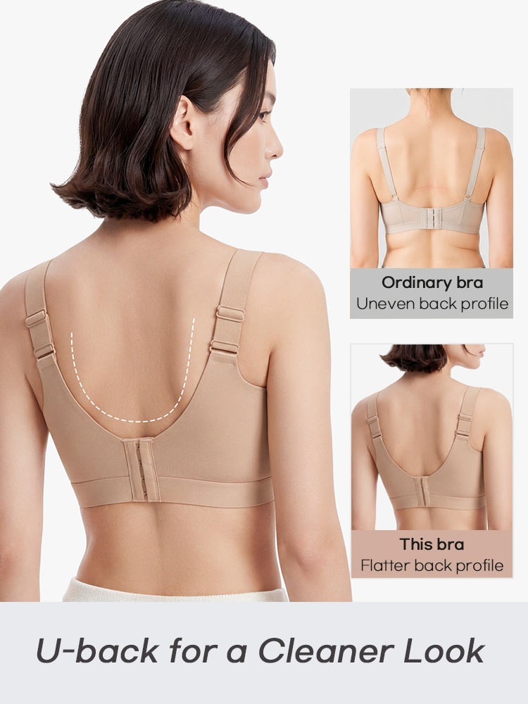 Back view comparison showing beige bra with U-back and smoother back profile VEIMIA