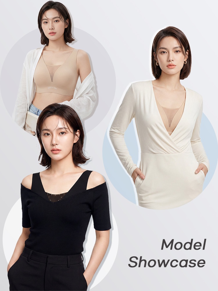 Model showcase of beige and black bras styled under everyday outfits VEIMIA