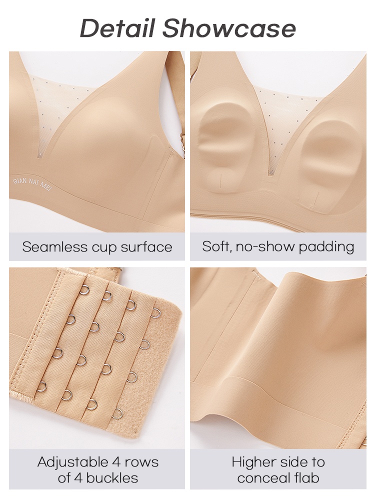 Detail collage showing seamless cups soft padding hook closure and higher side panel VEIMIA