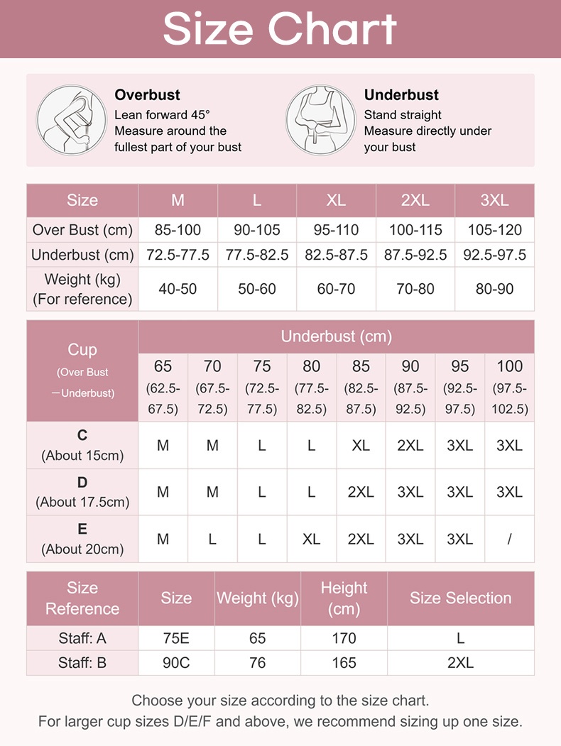 Bra size chart with overbust underbust weight and cup measurement guide VEIMIA