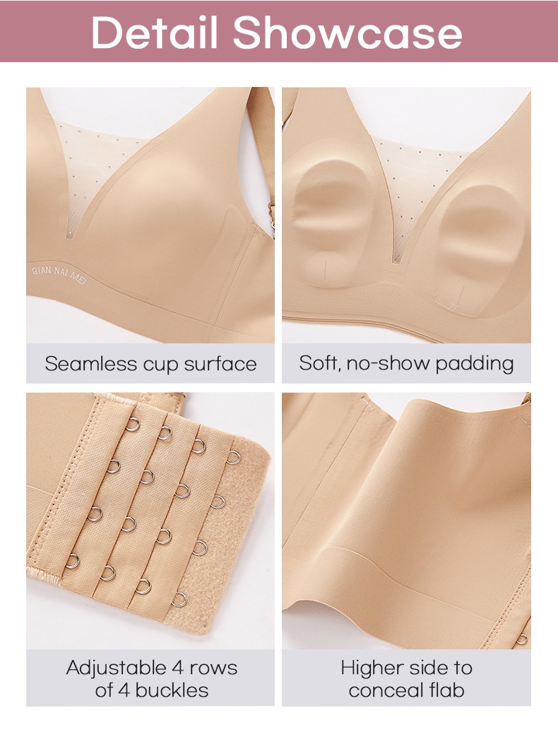 Bra detail showcase featuring seamless cups soft padding four-row hooks and higher sides VEIMIA