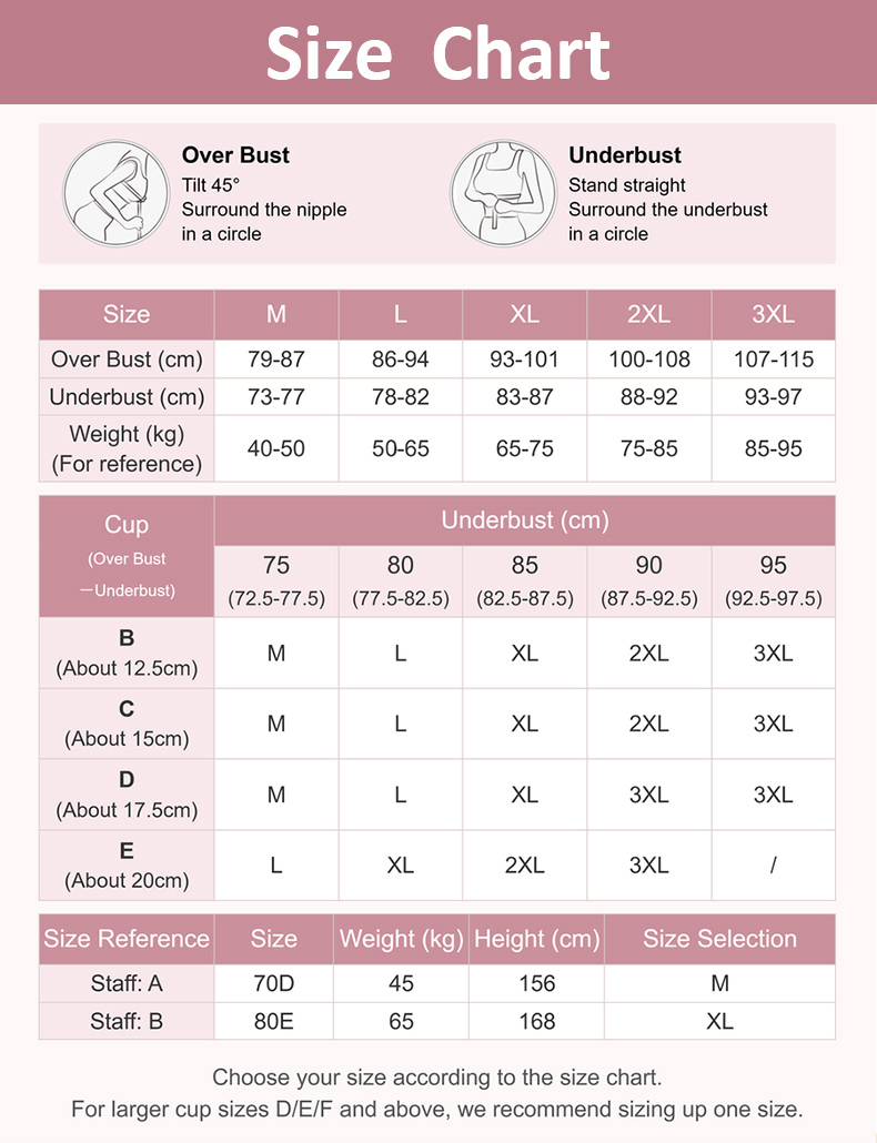 Bra size chart with overbust underbust weight and cup measurement guide VEIMIA