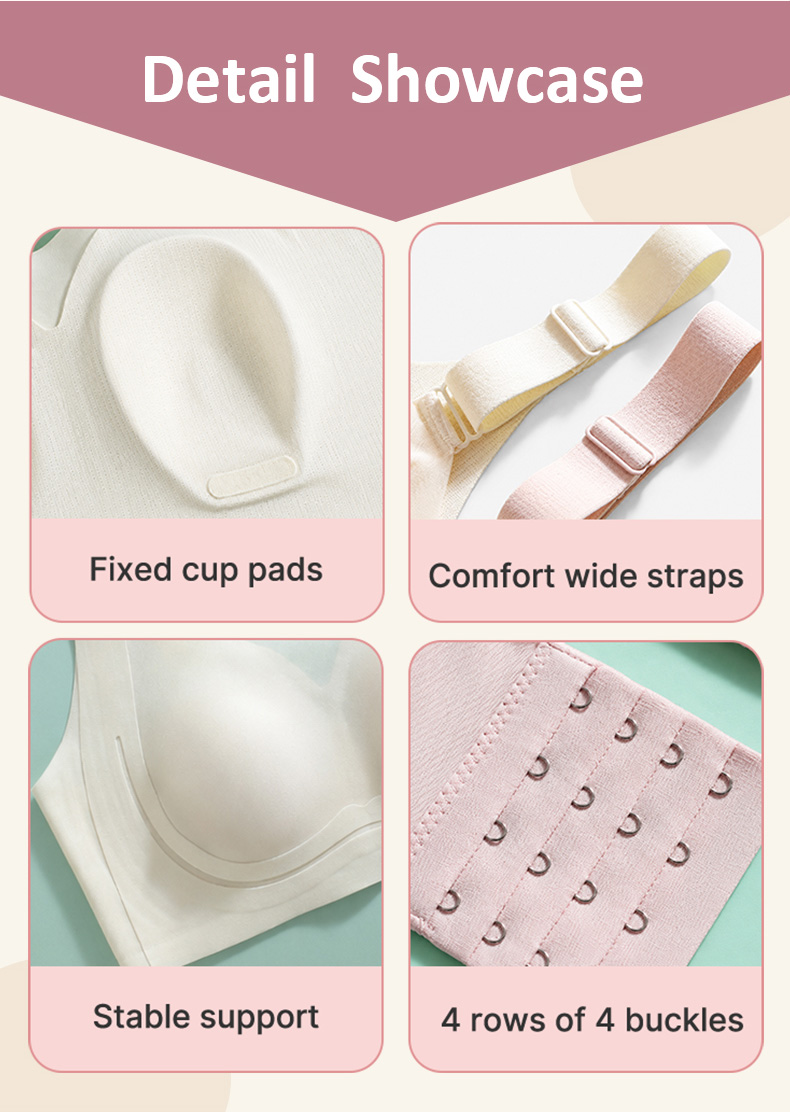 Close-up collage of fixed cups adjustable wide straps support bands and hook rows VEIMIA