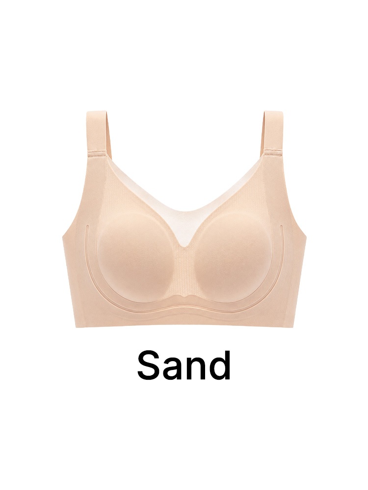 Sand seamless minimizer bra front view with wide straps and mesh neckline VEIMIA