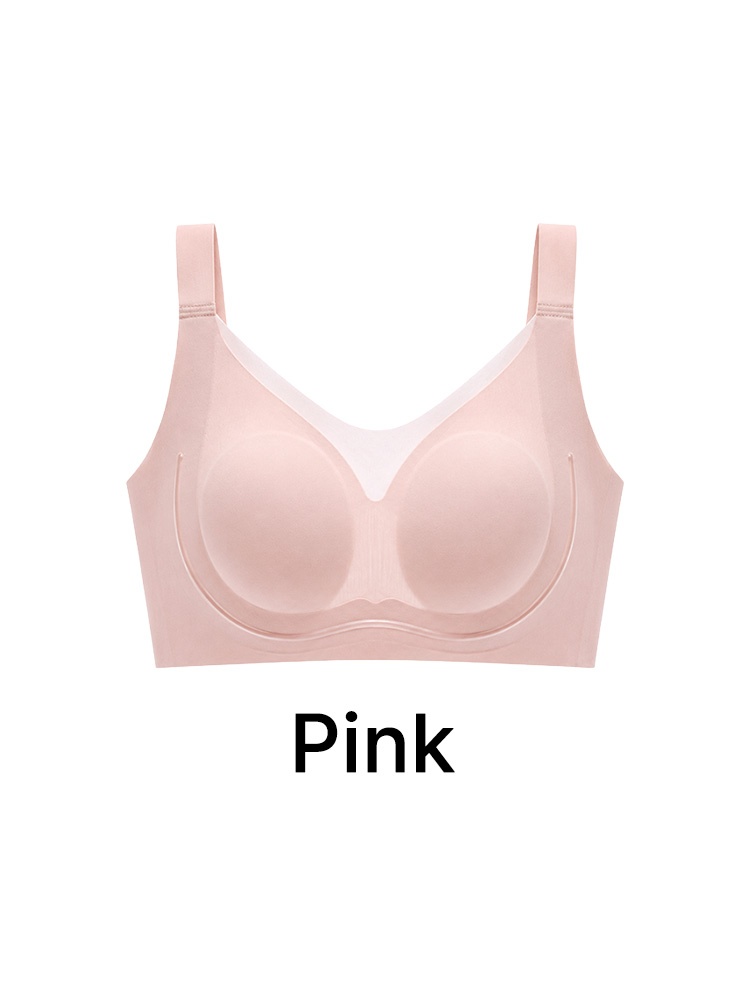 Pink seamless minimizer bra front view with wide straps and mesh neckline VEIMIA