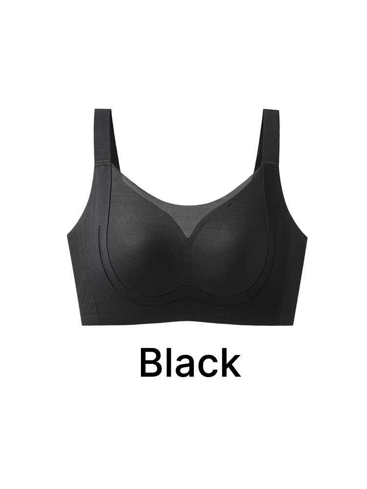Black seamless minimizer bra front view with wide straps and mesh neckline VEIMIA