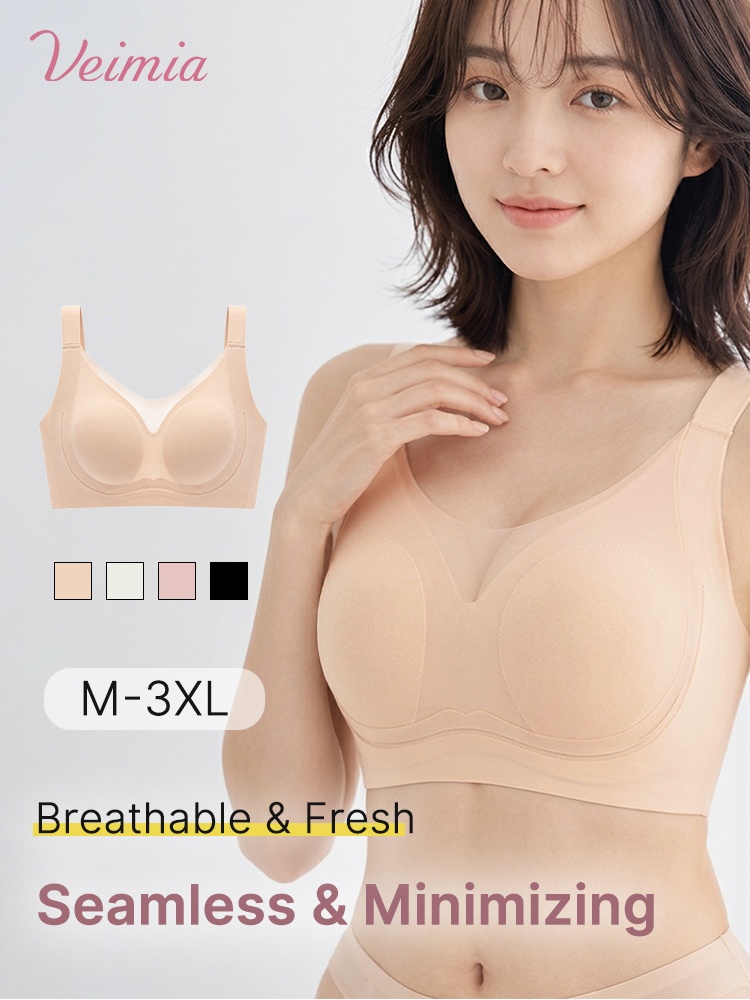 Model wearing sand seamless minimizer bra beside color and size options VEIMIA