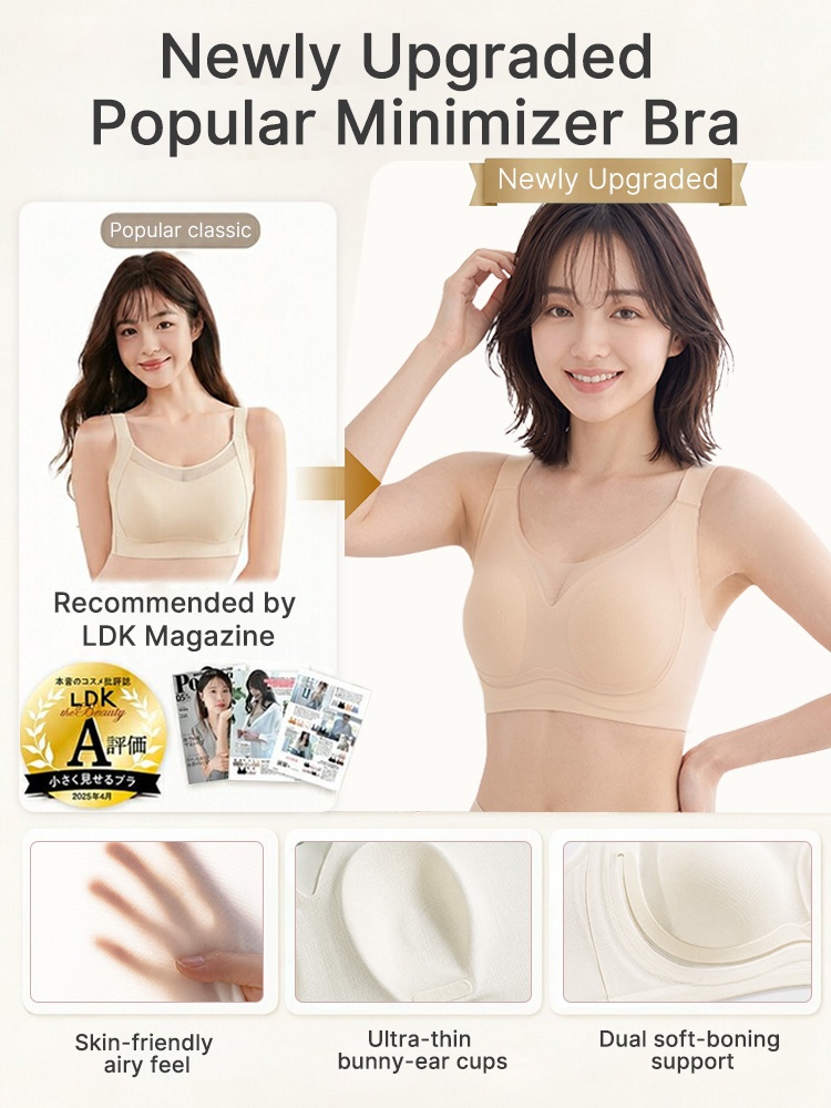 Feature graphic showing upgraded minimizer bra with breathable cups and soft support VEIMIA