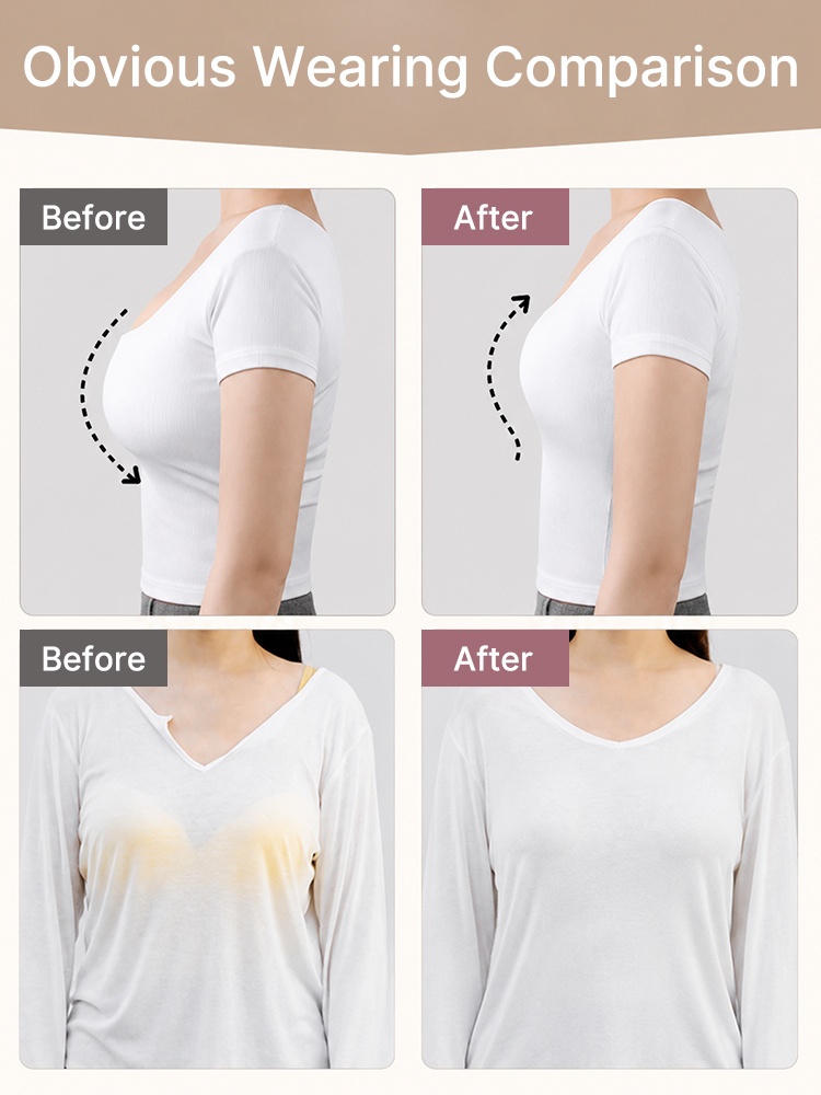 Before and after comparison showing smoother bust appearance under white tops VEIMIA