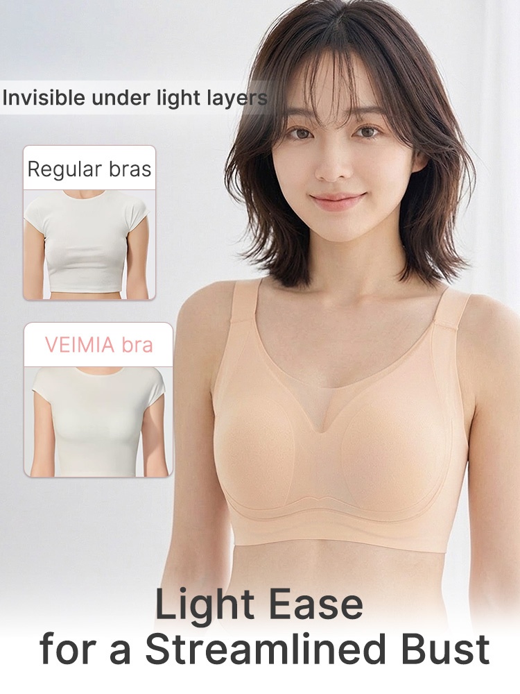 Comparison graphic showing seamless bra appearance beneath a light fitted top VEIMIA