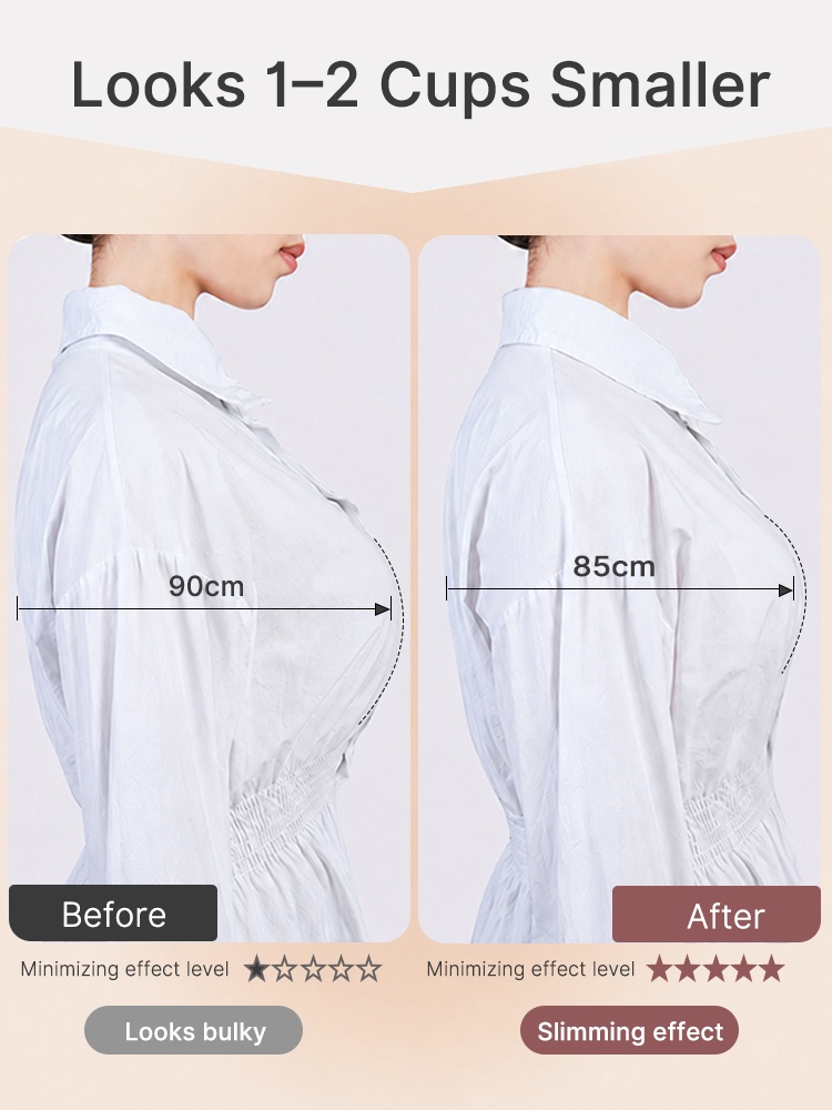 Before and after side comparison showing reduced bust projection under white shirt VEIMIA