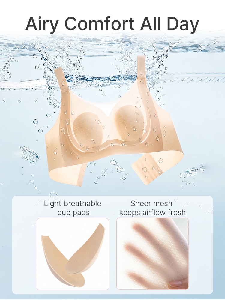 Feature graphic showing breathable cup pads and sheer mesh airflow VEIMIA