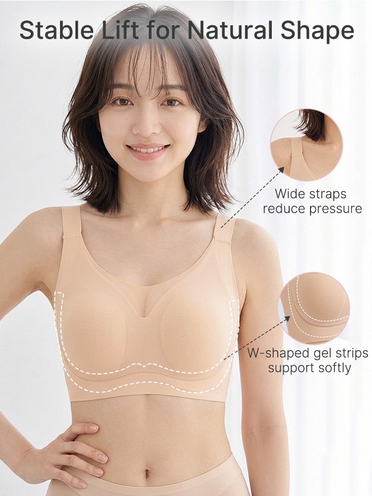 Feature diagram showing wide straps and W-shaped support strips on sand bra VEIMIA