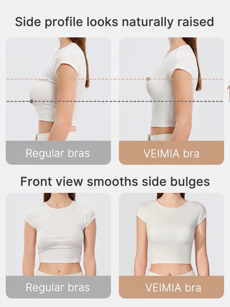 Comparison graphic showing raised side profile and smoother front fit under tops VEIMIA