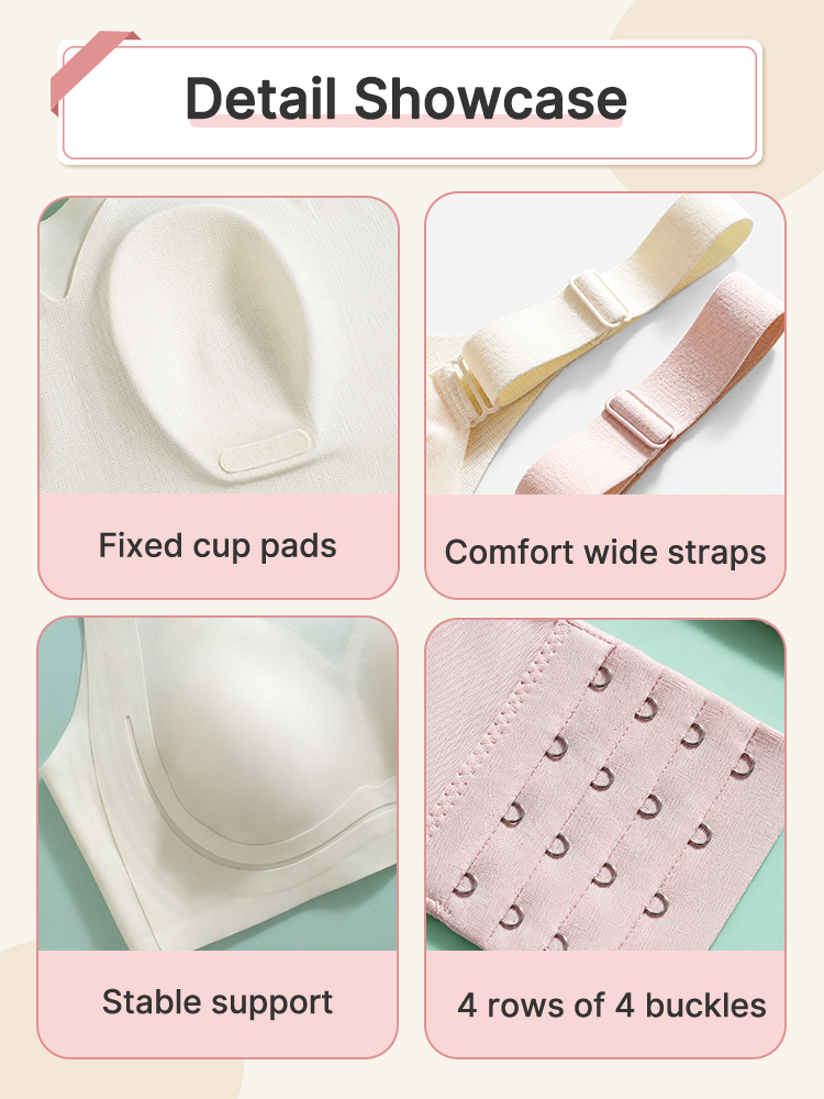 Detail showcase of fixed cup pads wide straps support bands and hook closure VEIMIA