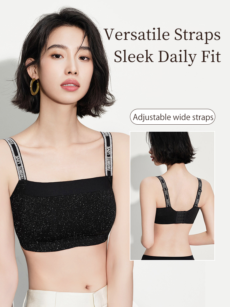 Feature graphic showing adjustable wide straps on black bra with back view inset VEIMIA