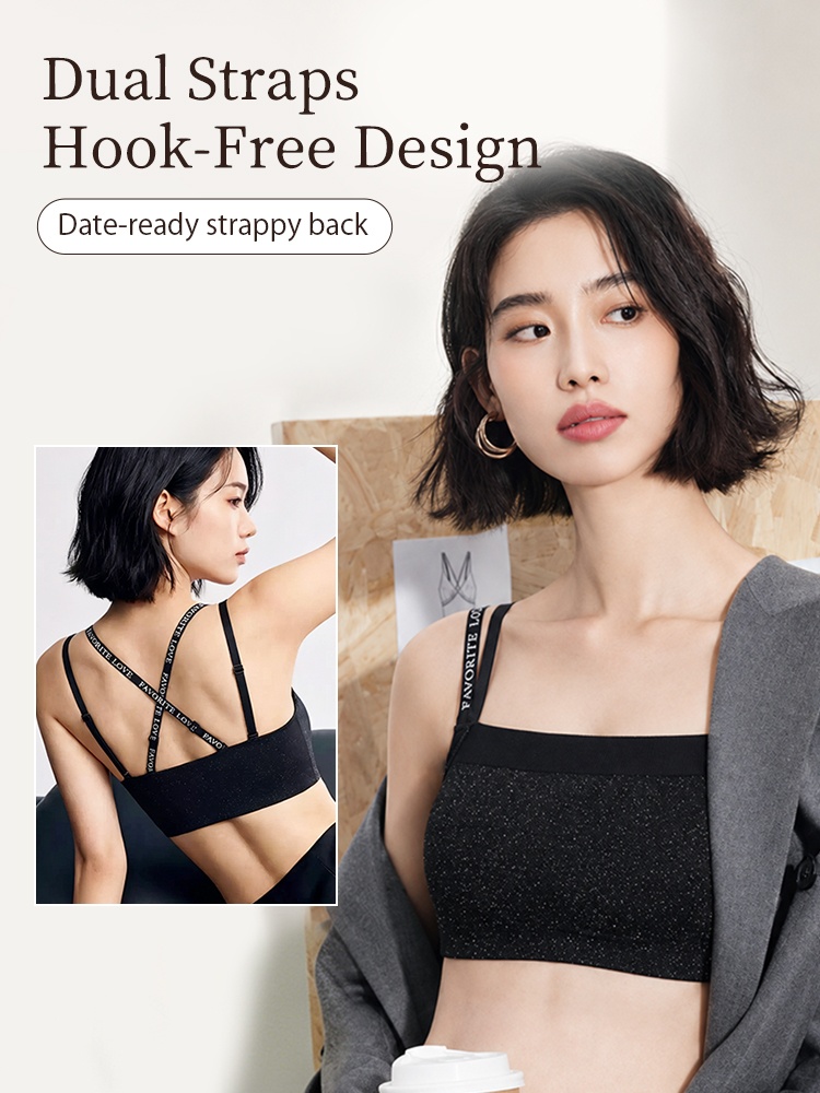 Feature graphic showing dual strap hook-free back design on black bra VEIMIA