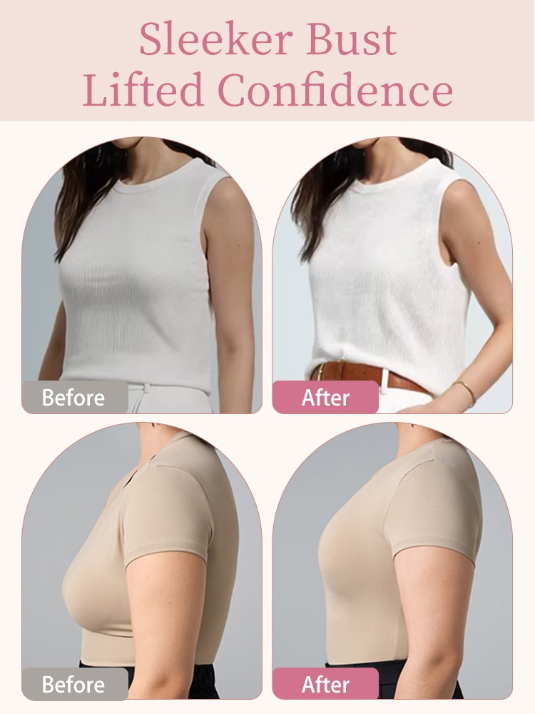 Before and after comparison showing sleeker bust silhouette under fitted tops VEIMIA