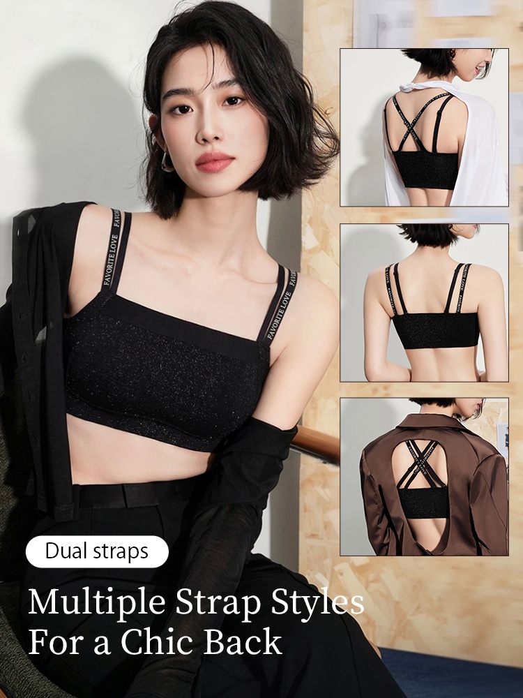 Feature graphic showing multiple dual strap back styles on black bra VEIMIA