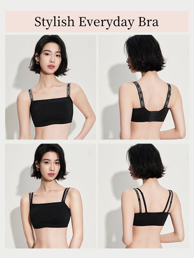 Product showcase collage with front and back views of black everyday bra VEIMIA