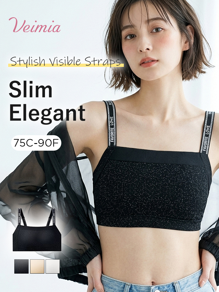 Product overview graphic with black bra color options straps and size range VEIMIA
