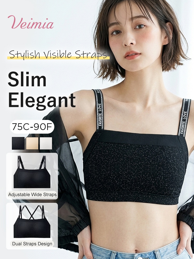 Product overview graphic with black bra color options straps and size range VEIMIA