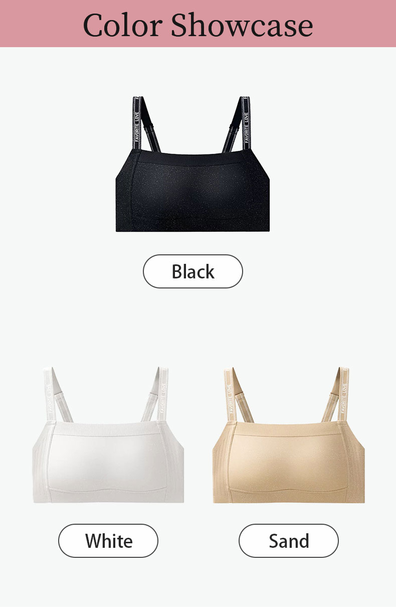 Color showcase graphic for black dual strap white and sand bras VEIMIA