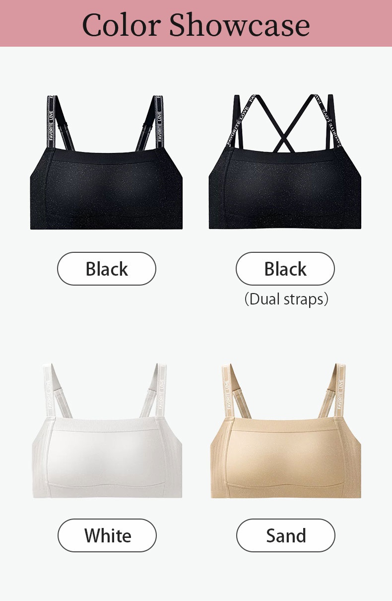 Color showcase graphic for black dual strap white and sand bras VEIMIA