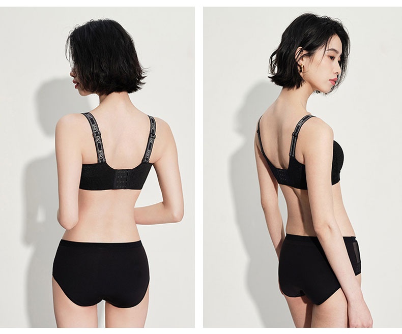 Back and side views of model wearing black bra and panties VEIMIA