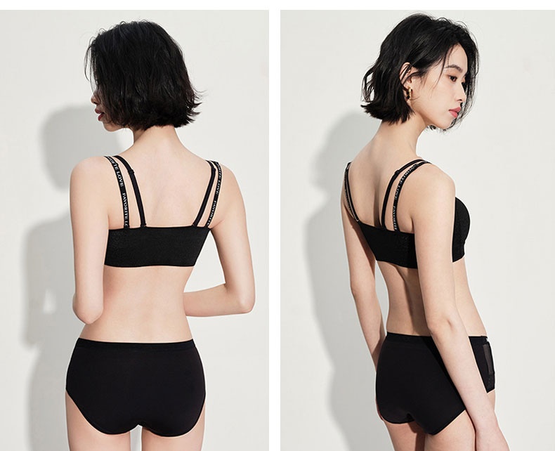 Back and side views of model wearing black dual strap bra VEIMIA