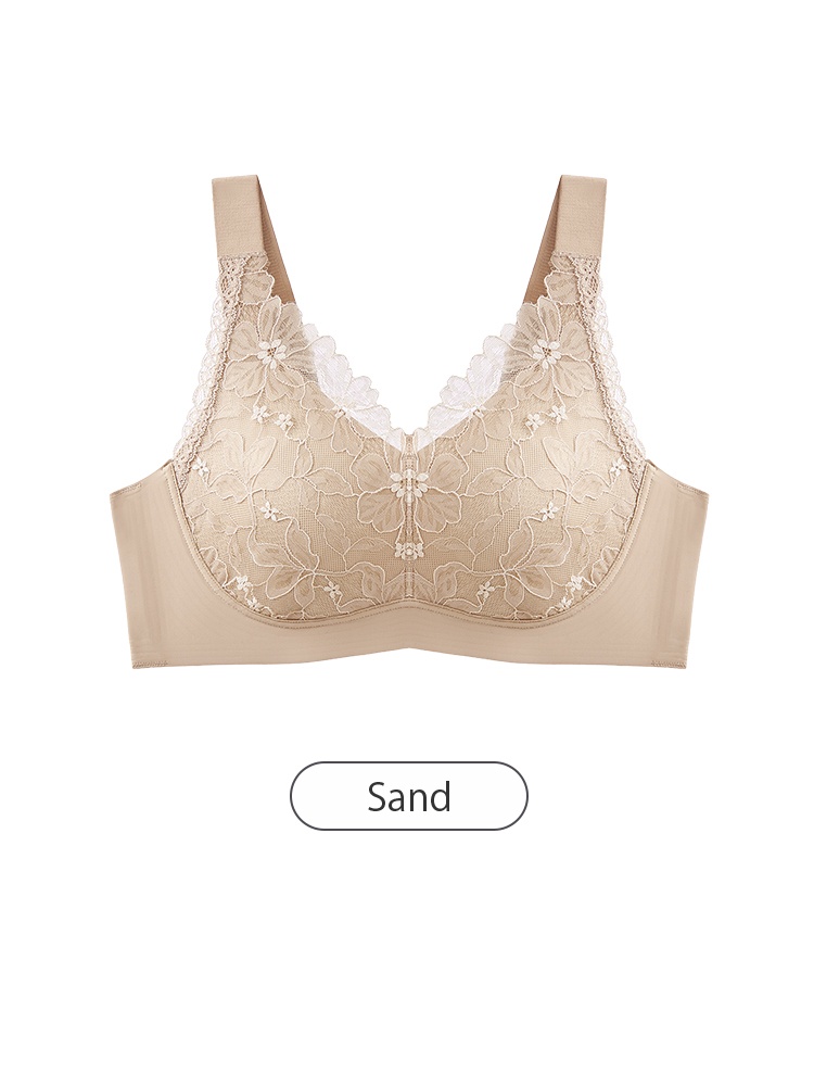 Sand floral lace minimizer bra front view with wide straps and high side coverage - VEIMIA