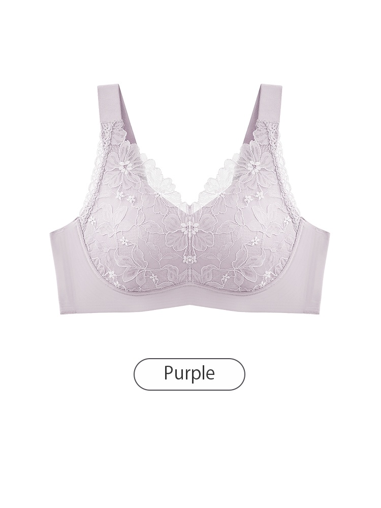 Purple floral lace minimizer bra front view with wide straps and high side coverage - VEIMIA