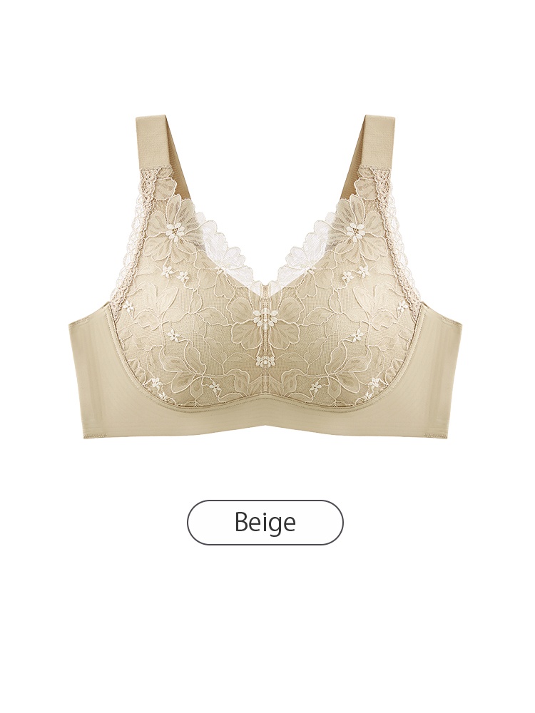 Beige floral lace minimizer bra front view with wide straps and high side coverage - VEIMIA