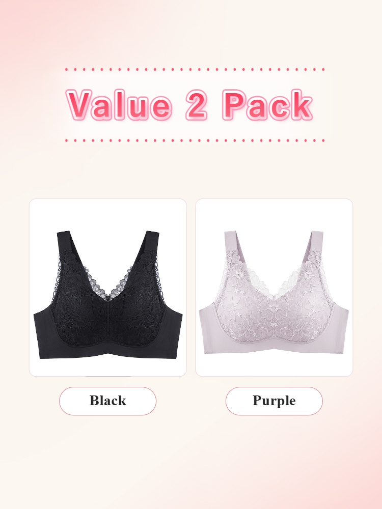 Value 2 pack floral lace minimizer bras in black and purple colors - VEIMIA