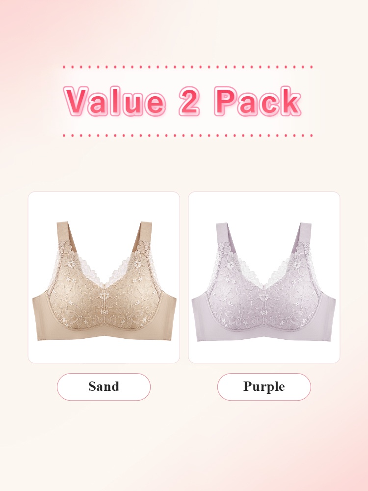 Value 2 pack floral lace minimizer bras in sand and purple colors - VEIMIA