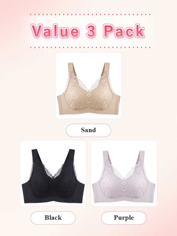 Value 3 pack floral lace minimizer bras in sand, black and purple colors - VEIMIA